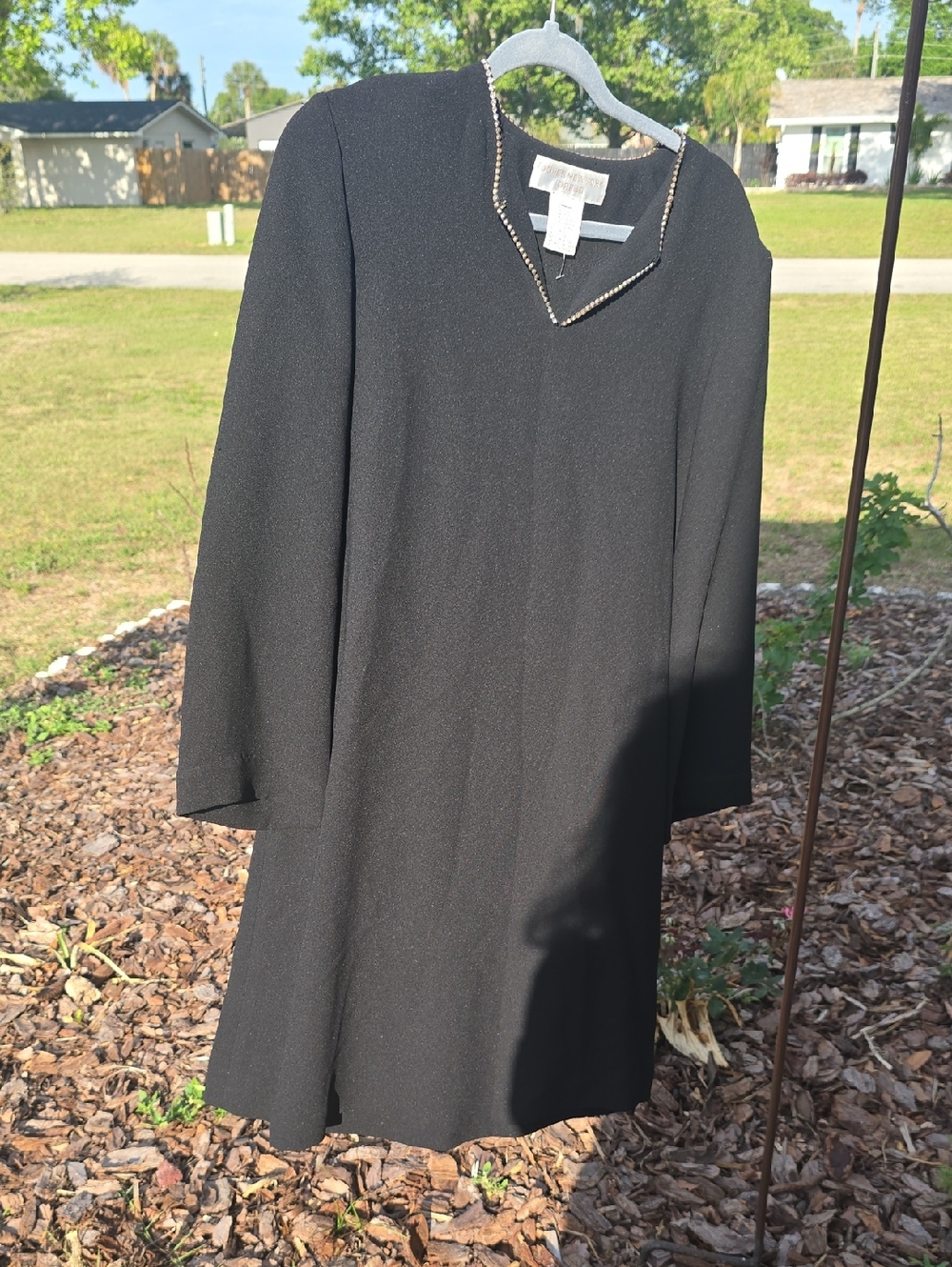 Jones New York Black Long Sleeve Dress with Beaded V-Neck Size 10